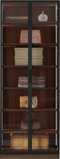 ארון בגודל 210x80x60 ס''מ עם 2 דלתות זכוכית ותאורת LED דגם Venice מבית Woody - צבע חום כהה