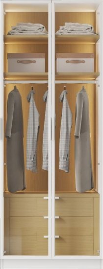 ארון בגדים בגודל 210x80x60 ס''מ עם 2 דלתות זכוכית ותאורת LED דגם Milano מבית Woody - צבע לבן