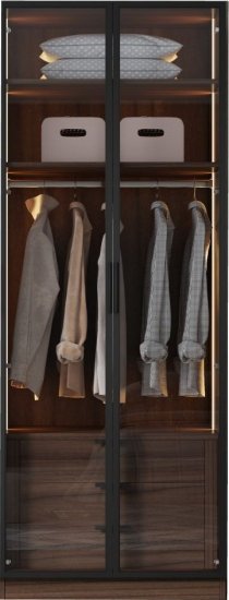 ארון בגדים בגודל 210x80x60 ס''מ עם 2 דלתות זכוכית ותאורת LED דגם Milano מבית Woody - צבע חום כהה